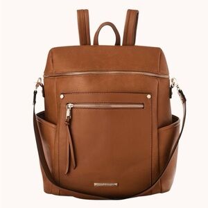 Poppy and Peonies Brown Leather Commuter Backpack in Cognac